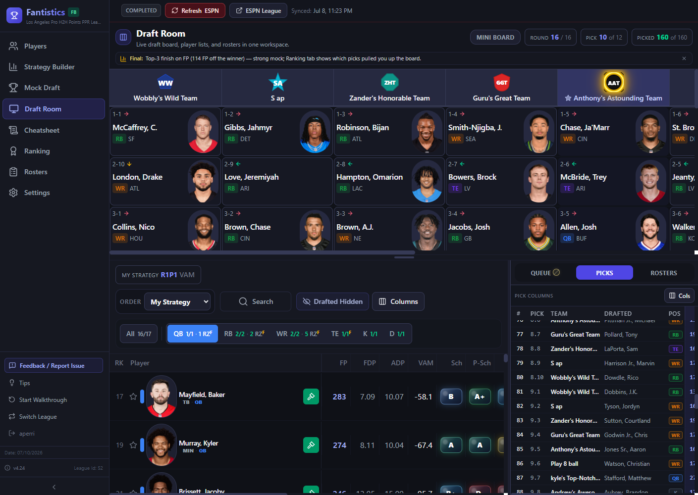 Fantistics fantasy football draft room with a live draft board, player rankings, and pick history
